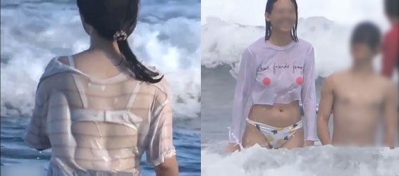 海水浴場ノーブラ乳首丸見え