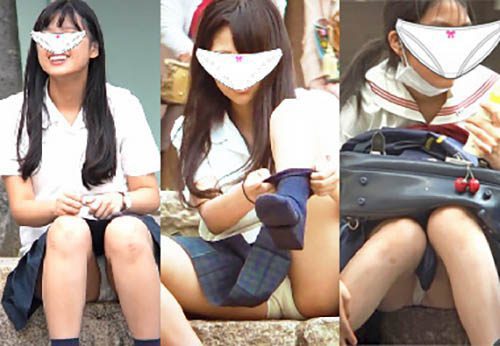 JKの白パンティ★3人の制服少女！初公開